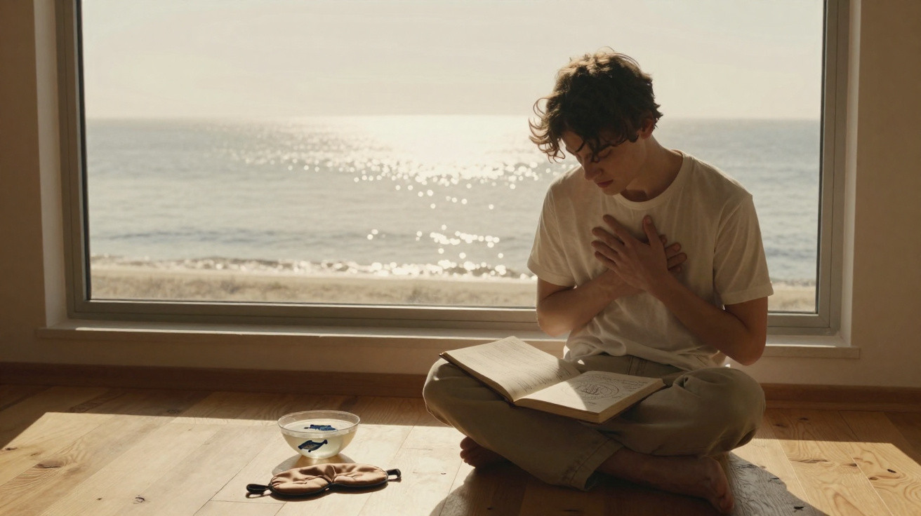 Jovem sentado de pernas cruzadas a ler livro junto a janela com vista para o mar.