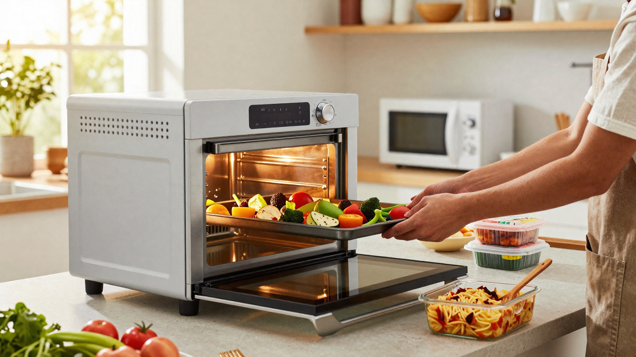 Pessoa a colocar tabuleiro com legumes para assar num forno eléctrico de bancada numa cozinha moderna.