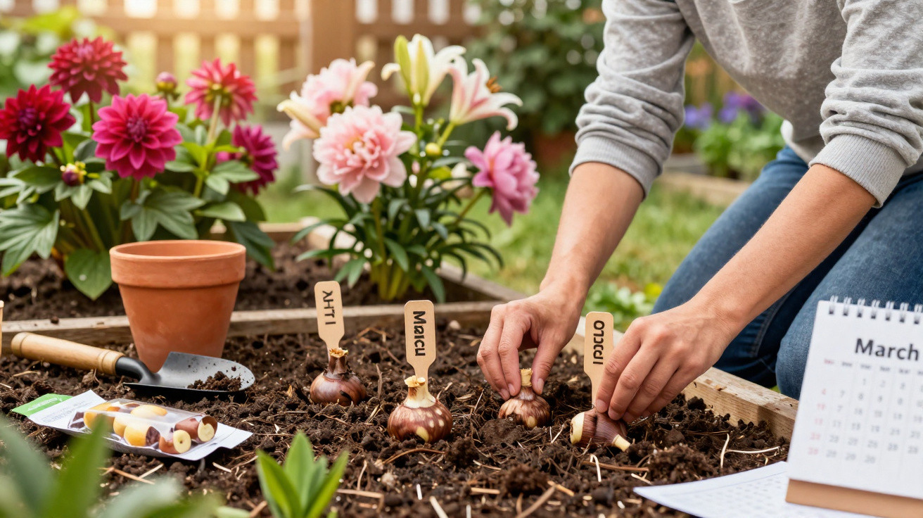 Pessoa a plantar bulbos de flores em canteiro de jardim com flores e calendário à vista.