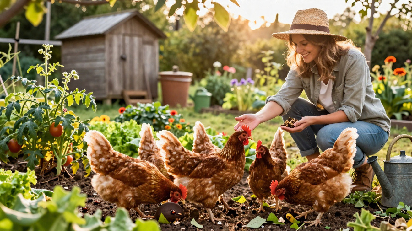 Mulher com chapéu a alimentar galinhas num jardim com plantas e galinheiro ao fundo ao pôr do sol.