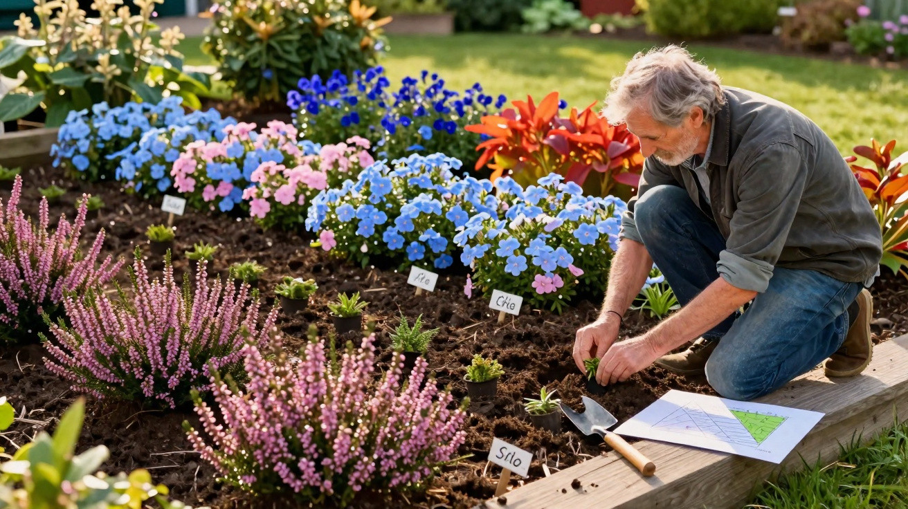 Homem a tratar de flores coloridas num canteiro, rodeado por plantas e ferramentas de jardim.
