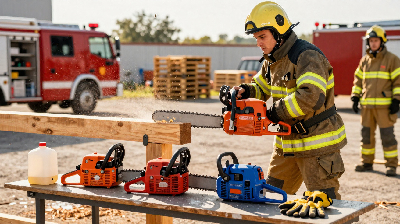Bombeiro em equipamento completo a usar motosserra laranja para cortar madeira com carros de bombeiros ao fundo.