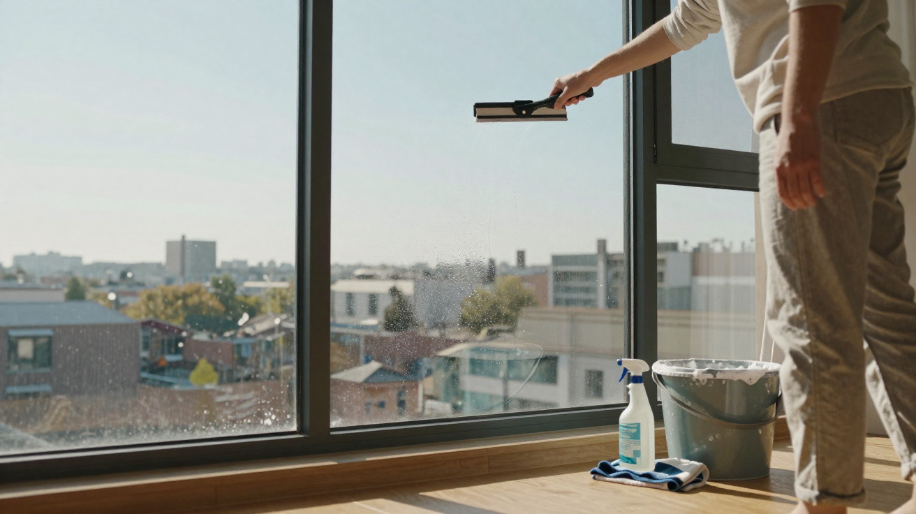 Pessoa a limpar janela grande com esfregão, balde e spray num apartamento com vista urbana.