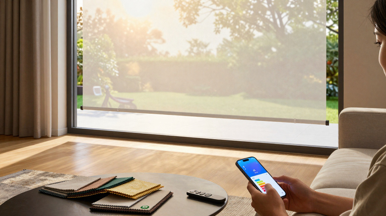 Pessoa controla estores automáticos via telemóvel numa sala moderna com vista para jardim.