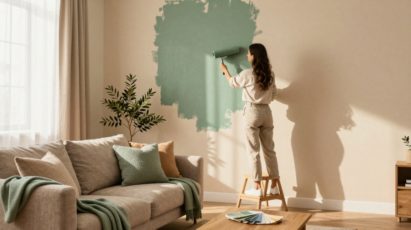 Mulher a pintar uma parede de verde claro numa sala com sofá bege e luz natural.