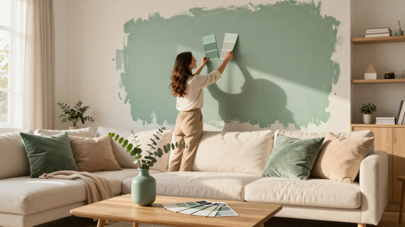 Mulher escolhe tinta verde para pintar a parede de uma sala moderna e luminosa com sofá claro e almofadas verdes.