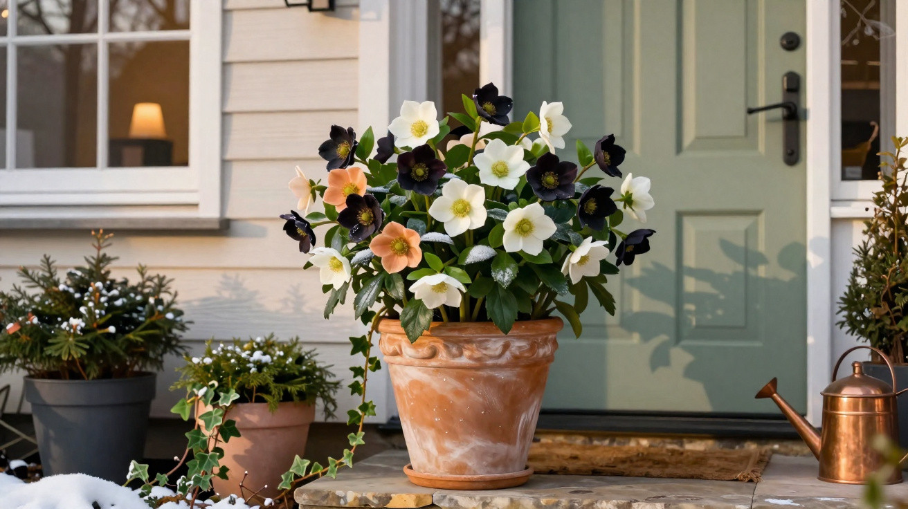 Vasos de flores coloridas em frente à porta verde de uma casa, com regador e planta à volta.