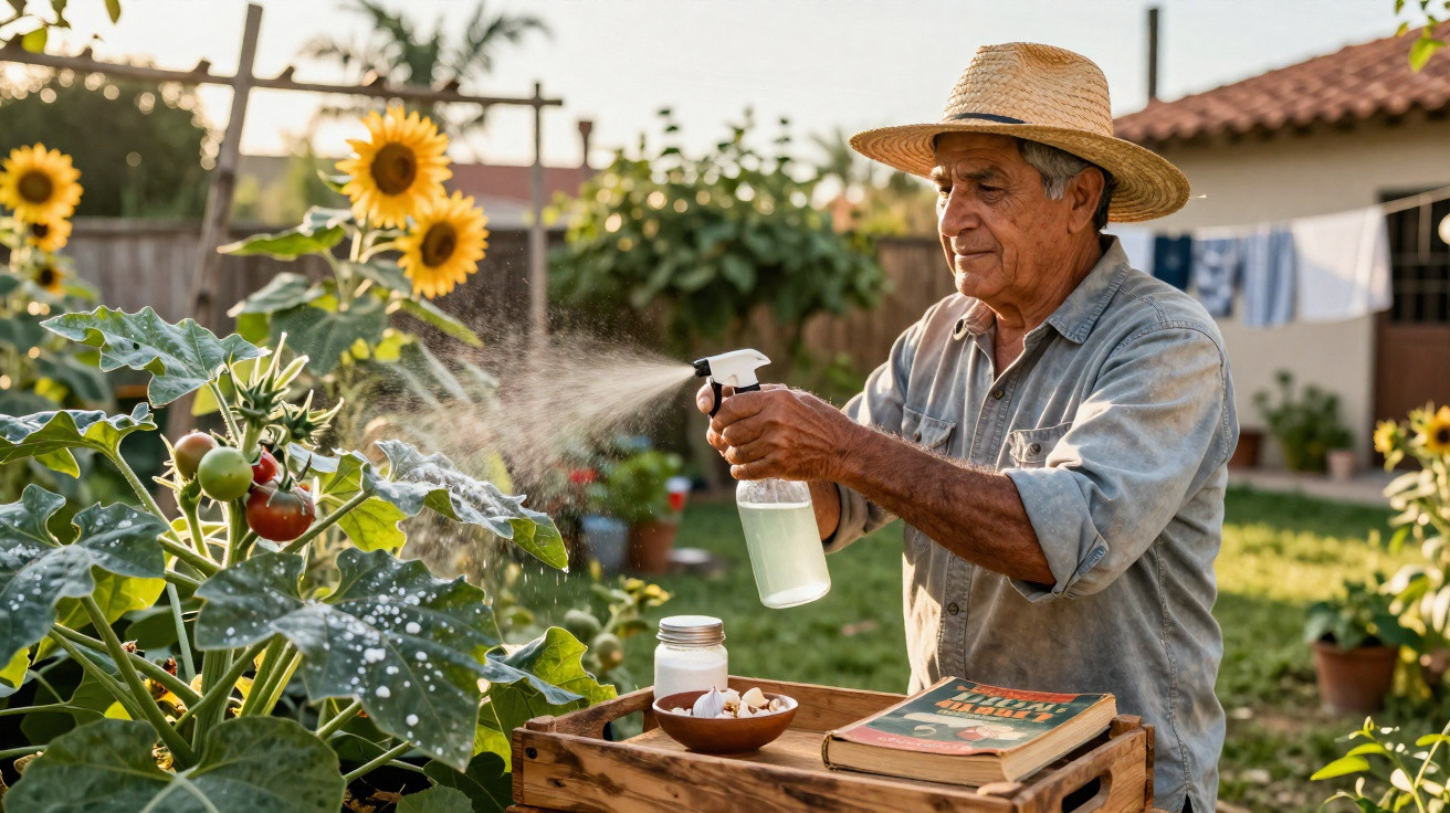 Homem idoso com chapéu rega plantas num jardim com girassóis ao fundo ao entardecer.