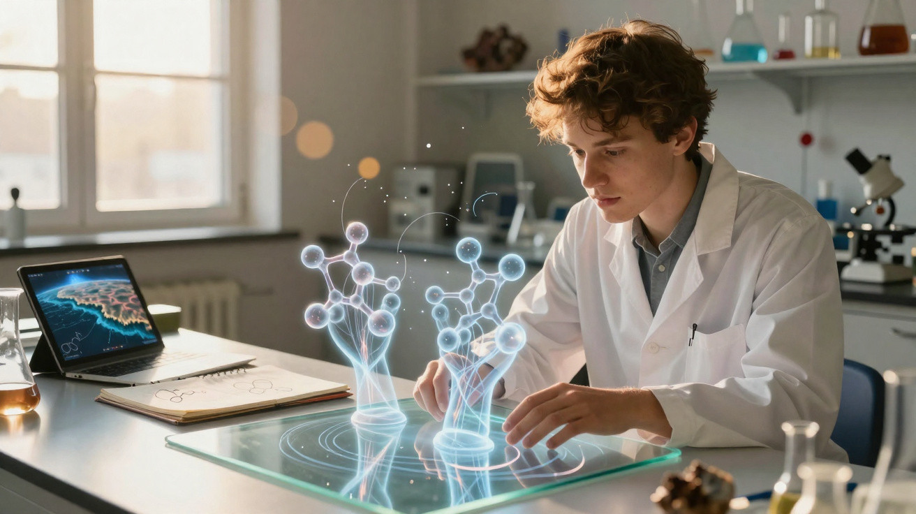 Jovem cientista em laboratório usando tecnologia holográfica para estudar moléculas tridimensionais.