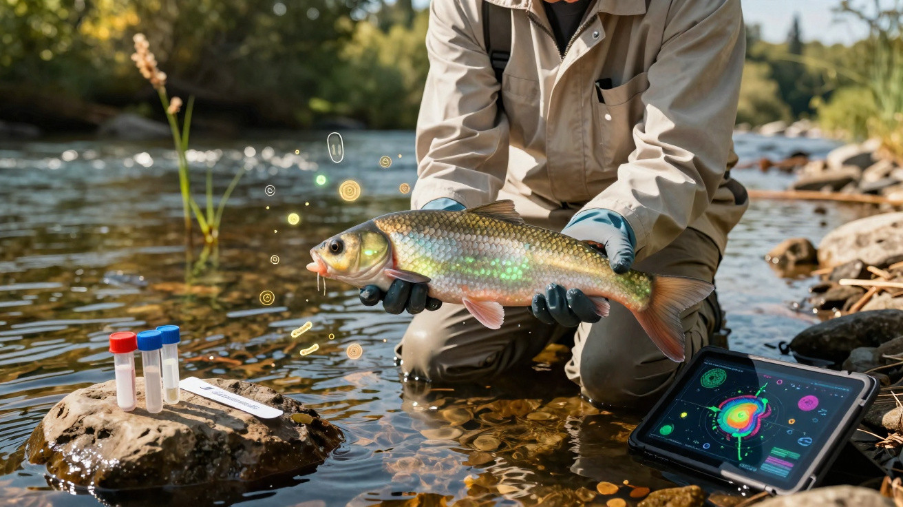 Pessoa de luvas segura peixe junto a rio com amostras e tablet de análise digital na água.