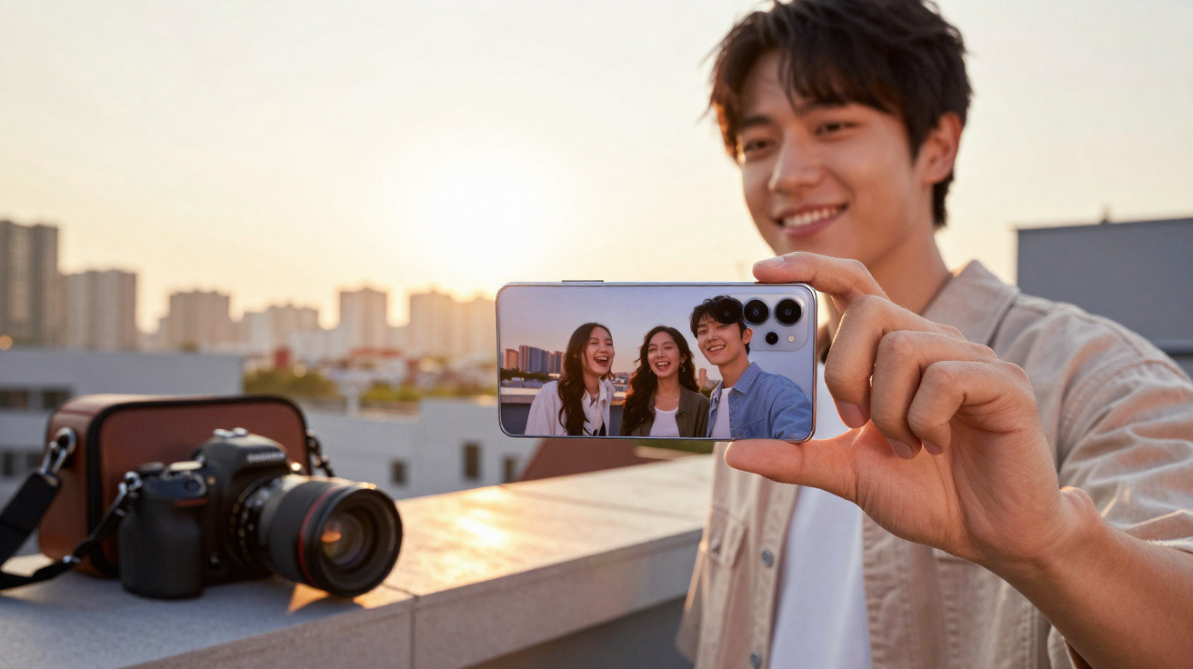 Jovem fotografa grupo de amigos sorridentes num telhado ao pôr do sol, usando smartphone.