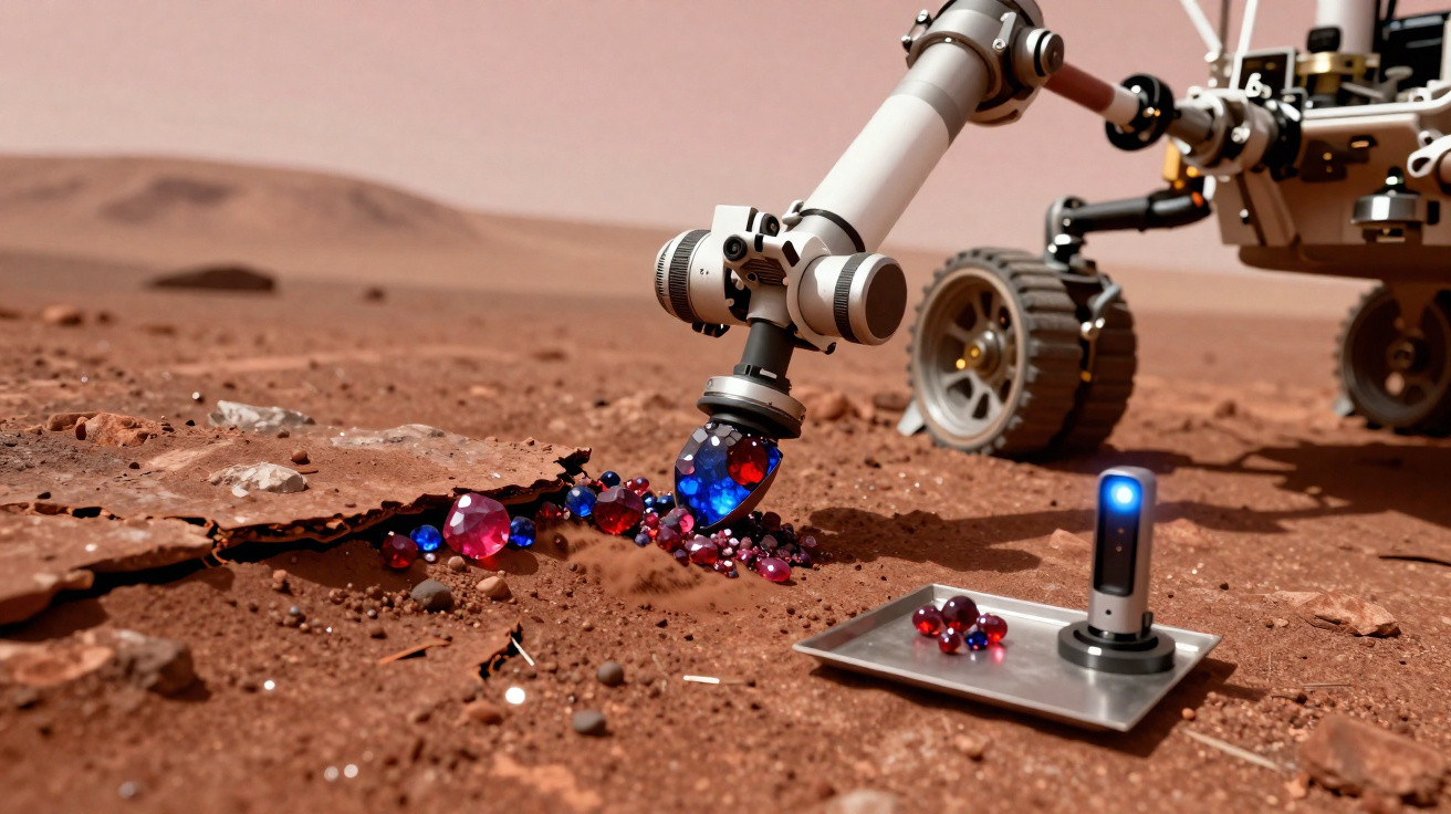 Braço robótico de rover a recolher cristais coloridos da superfície marciana avermelhada.