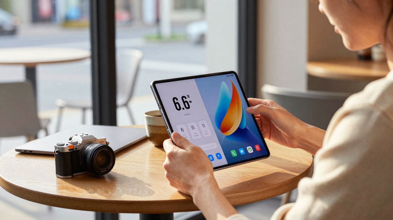 Pessoa a segurar um tablet dobrável aberto numa mesa com uma câmara fotográfica à frente.