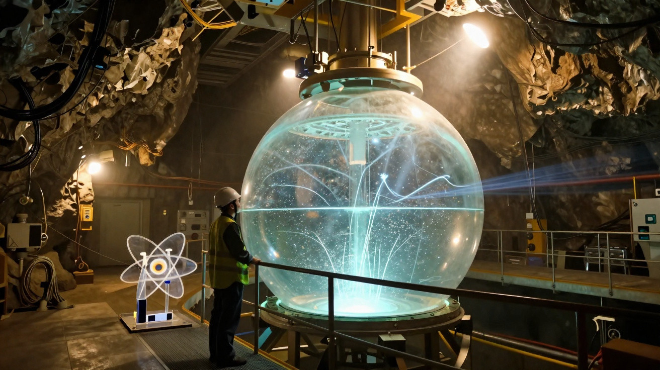 Homem com capacete observa esfera transparente iluminada com efeitos de luz numa sala industrial subterrânea.