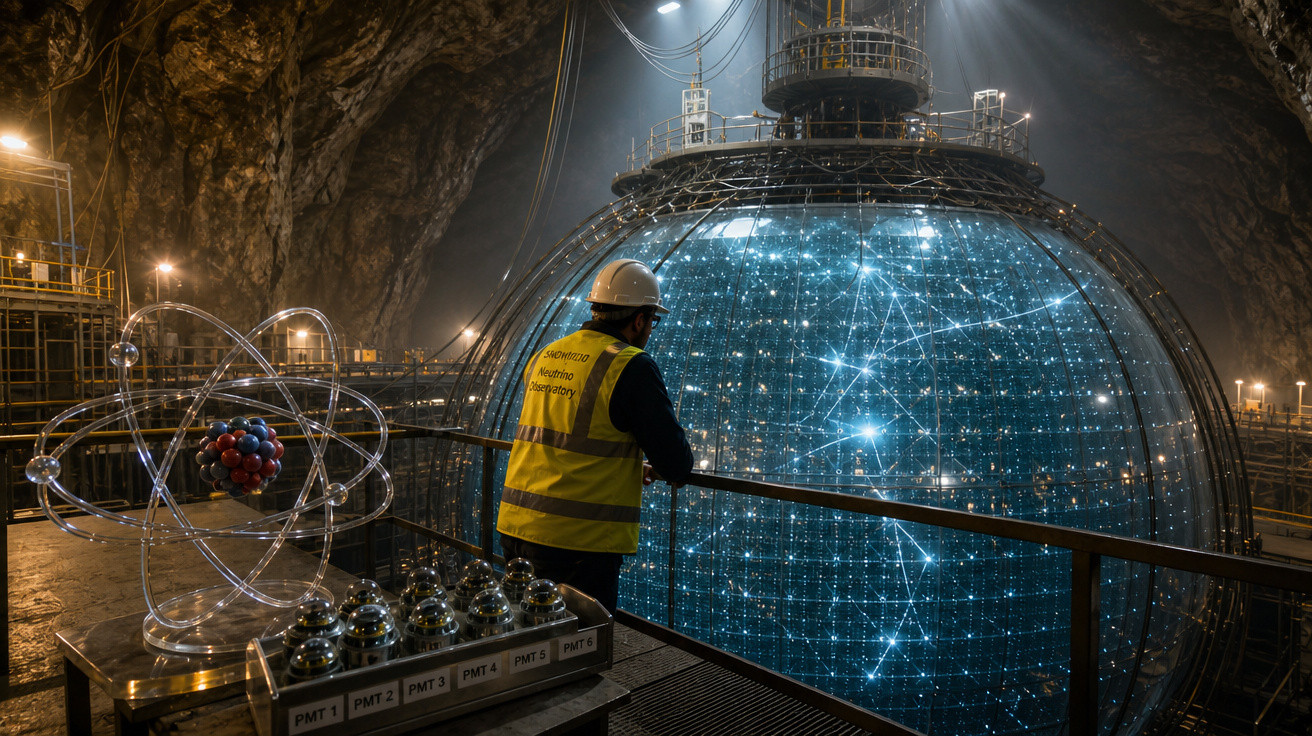 Homem de capacete e colete observa esfera tecnológica luminosa numa instalação subterrânea avançada.