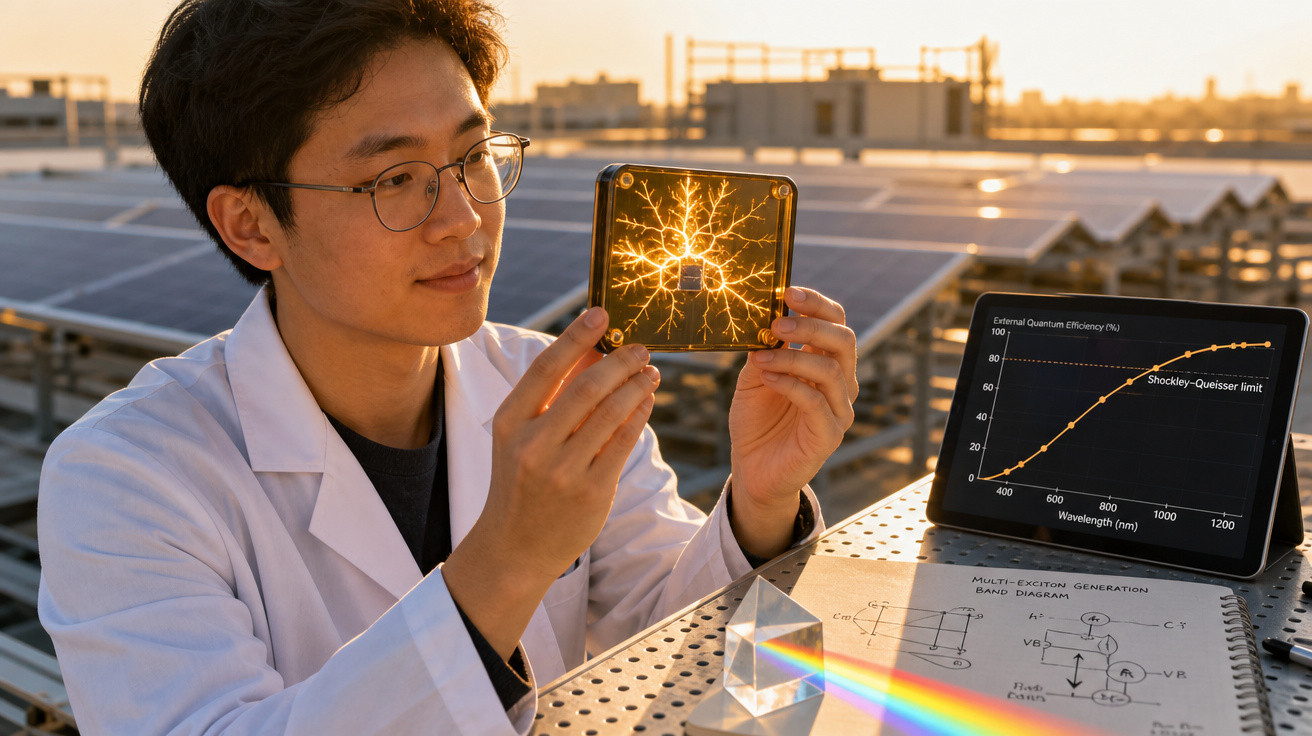 Cientista em bata branca analisa painel iluminado em laboratório solar ao pôr do sol com gráfico no tablet.