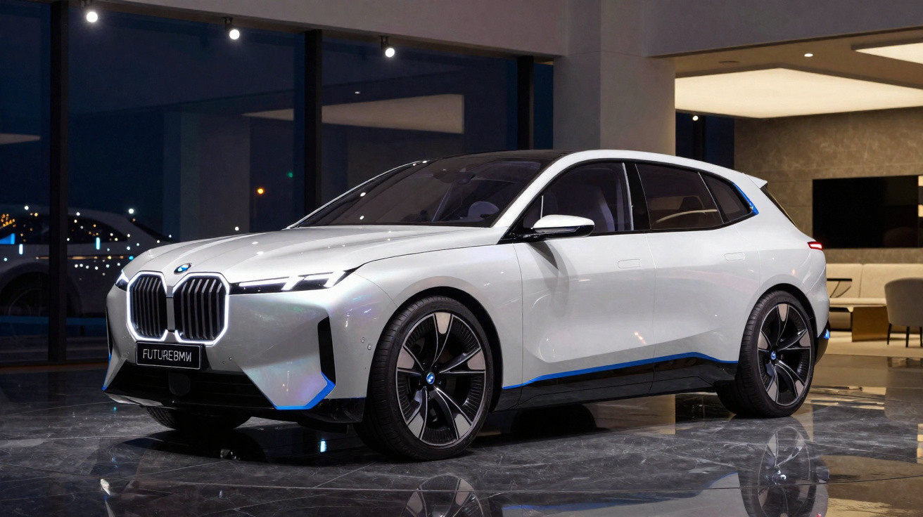 BMW elétrica branca estacionada numa sala ampla moderna, com iluminação interior e vidros grandes ao fundo.