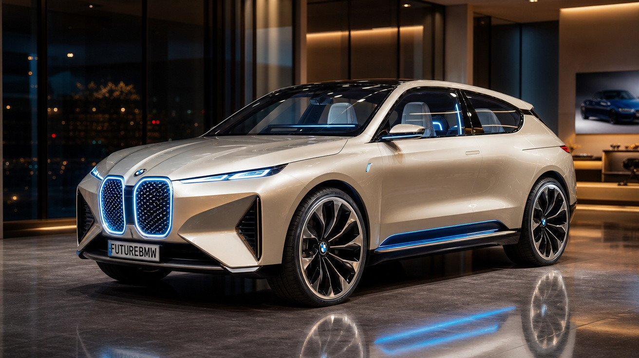 Carro elétrico de luxo BMW com design futurista e iluminação azul exposto em espaço moderno.