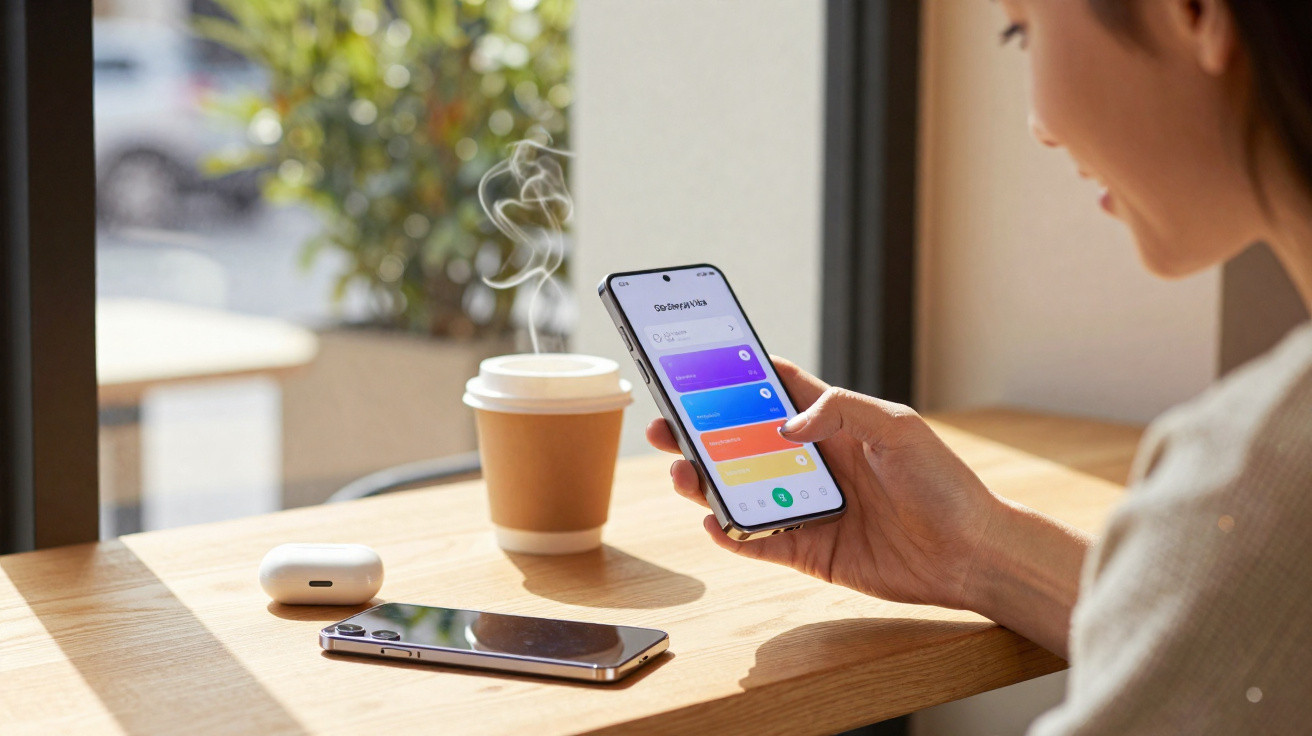 Pessoa a usar telemóvel junto a chávena de café com vapor num café iluminado por luz natural.