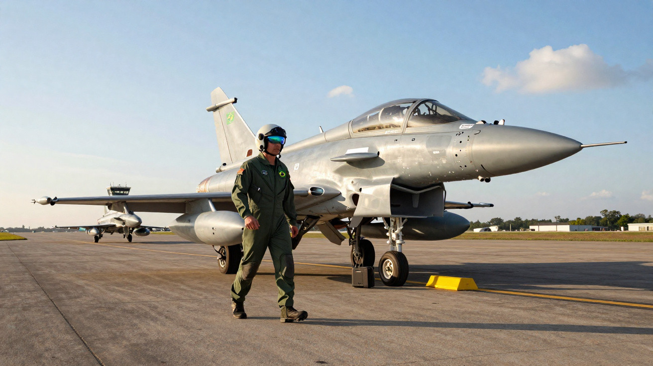 Piloto militar com fato verde a caminhar junto a um caça rápido prateado numa pista de aeroporto sob céu limpo.