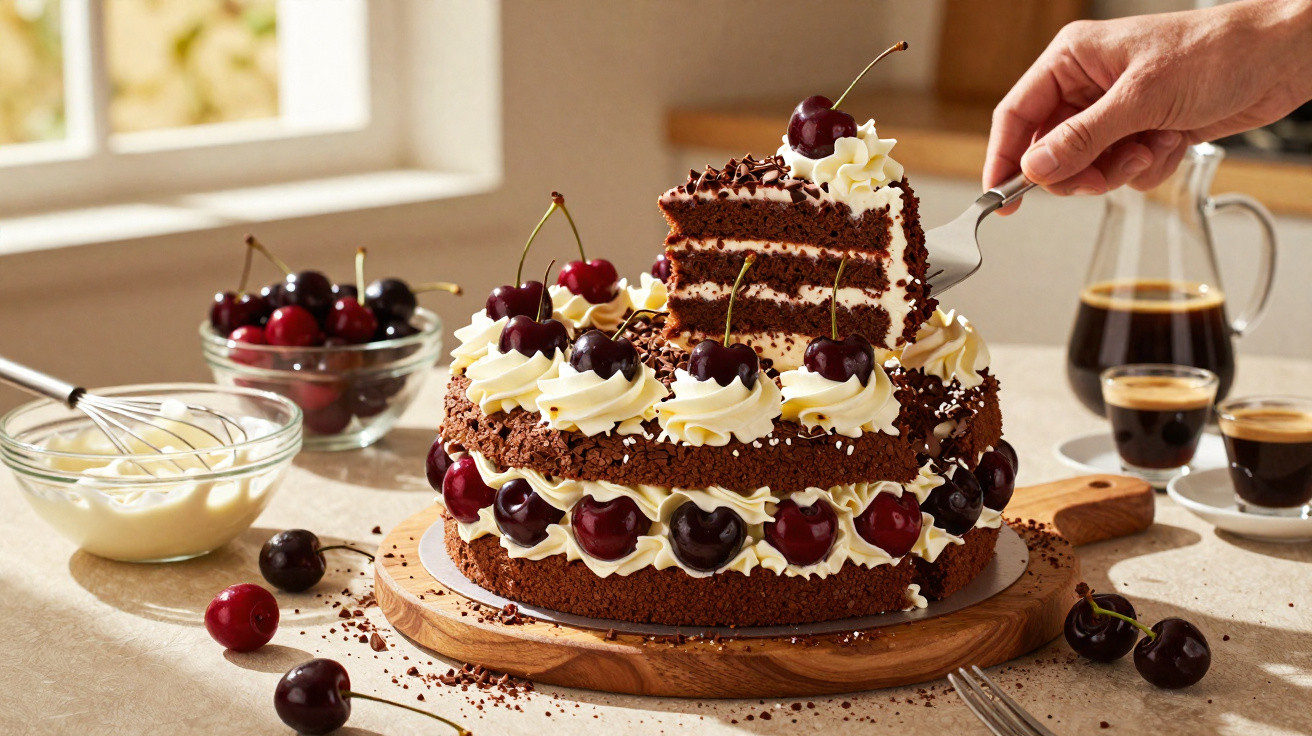 Bolo de chocolate com chantilly e cerejas, uma fatia a ser servida com café e tigelas ao fundo.
