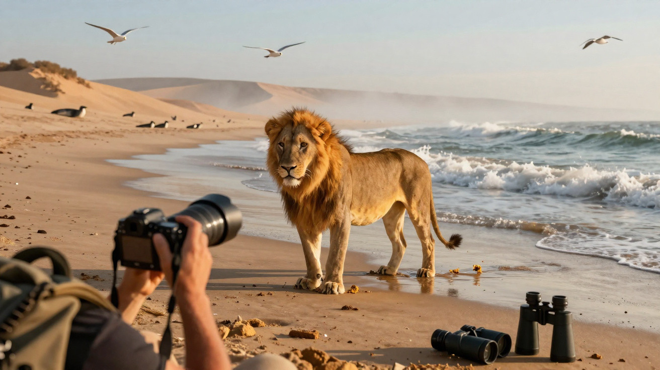 Leão em pé na praia junto ao mar, com fotógrafo a tirar foto e gaivotas a voar no céu.