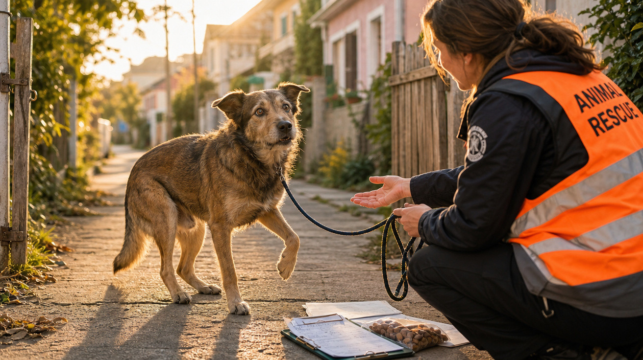 Pessoa de colete laranja de resgate animal tenta ganhar confiança de cão errante numa rua de bairro residencial ao pôr-do-sol