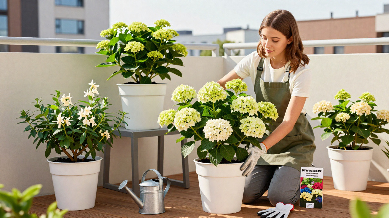 Mulher a cuidar de plantas com flores brancas em vasos num terraço ensolarado.