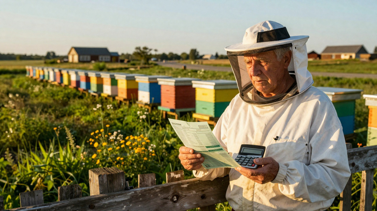 Apicultor com fato de proteção consulta documento e calculadora junto a colmeias coloridas num campo ensolarado.