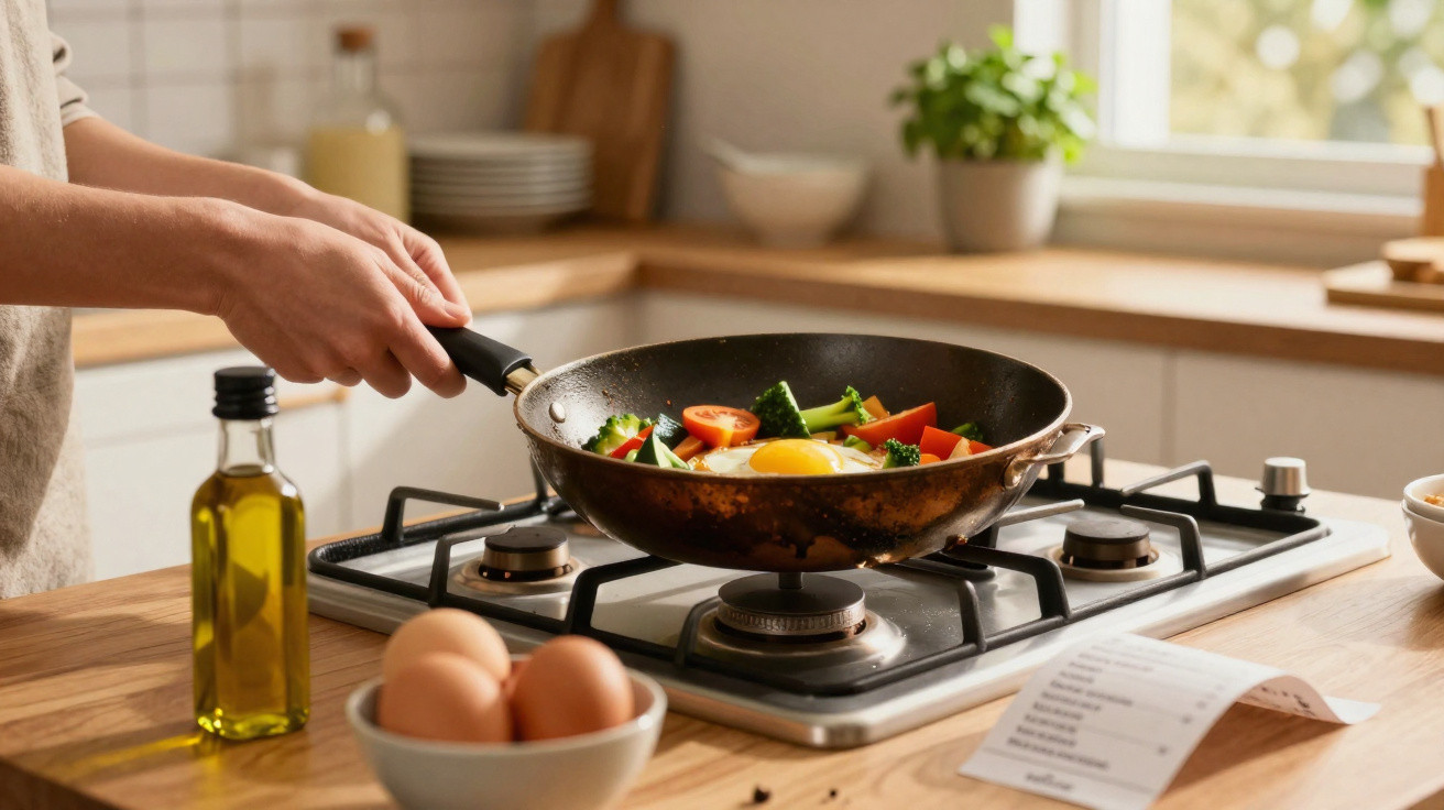 Pessoa a cozinhar ovos com legumes numa frigideira num fogão de cozinha moderna.