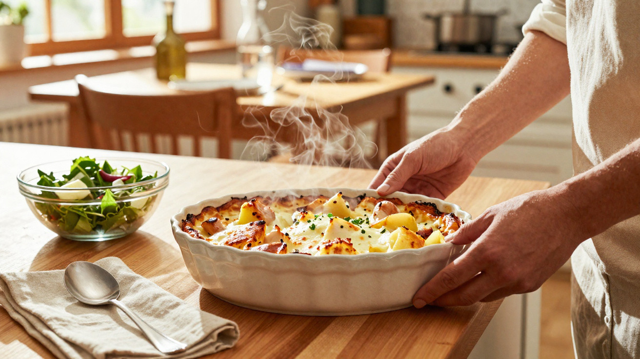 Pessoa a colocar prato quente de batatas gratinadas numa mesa junto a uma tigela com salada verde.
