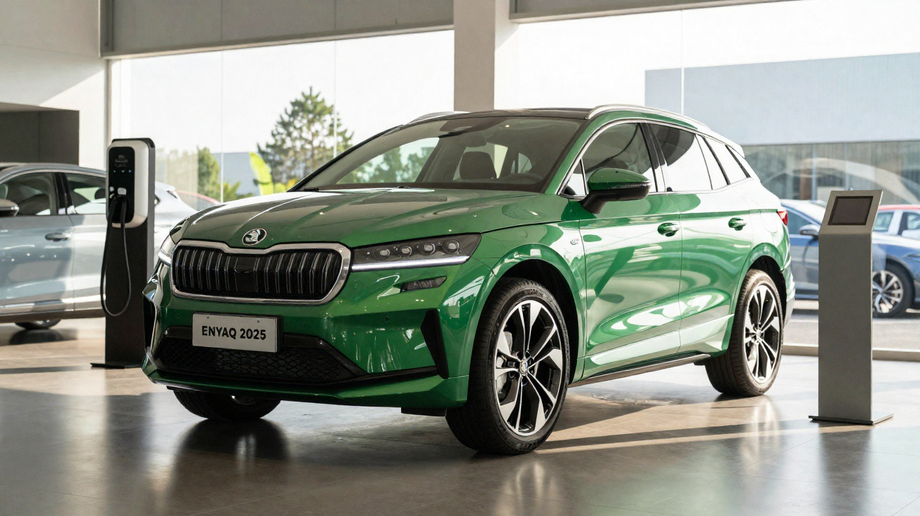 Carro elétrico verde Skoda Enyaq 2025 numa exposição, ao lado de estação de carregamento.