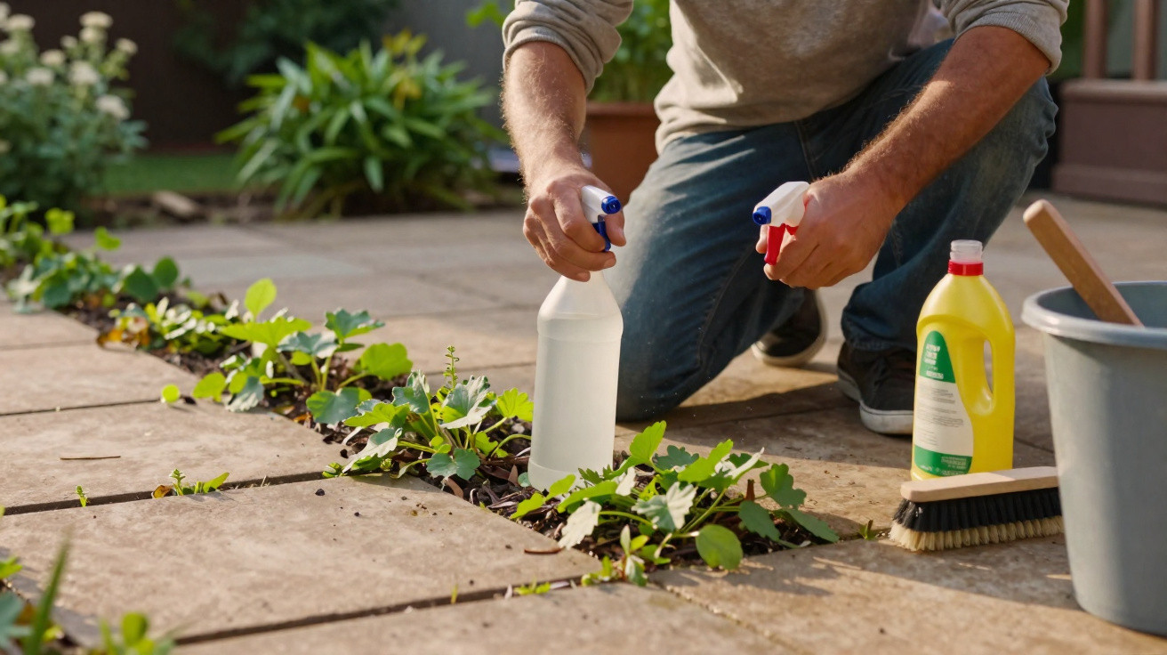 Pessoa a borrifar plantas entre pedras num jardim com produtos de limpeza ao lado.