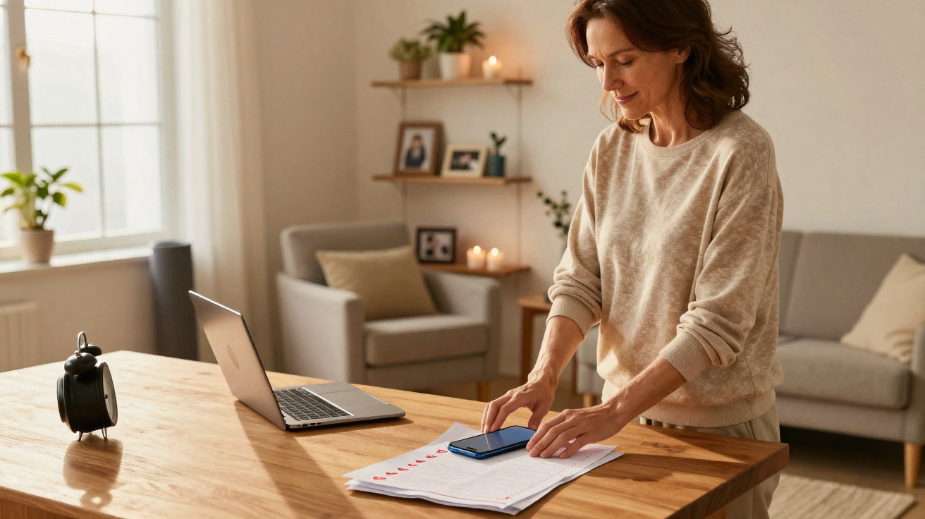 Mulher a usar telemóvel sobre mesa com documentos, laptop e despertador numa sala iluminada e acolhedora.