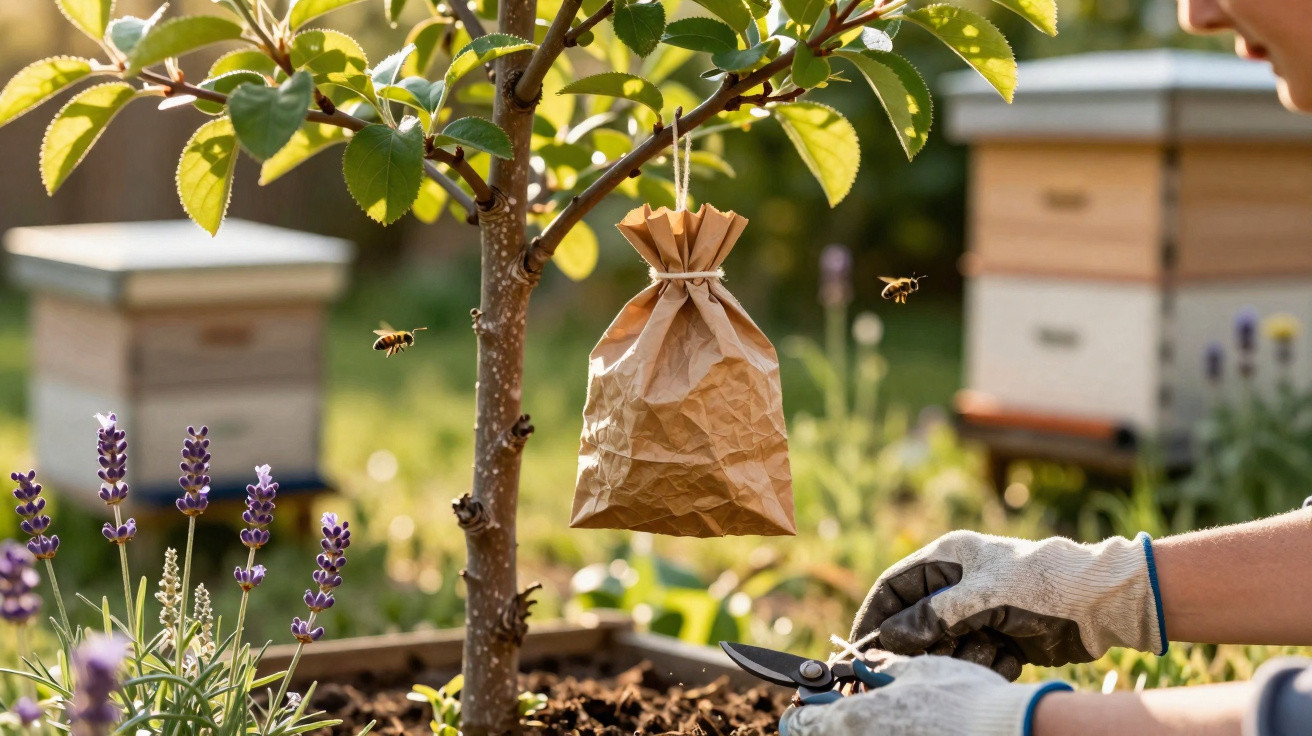 Pessoa com luvas a podar planta perto de saco pendurado e abelhas a voar num jardim com colmeias ao fundo.