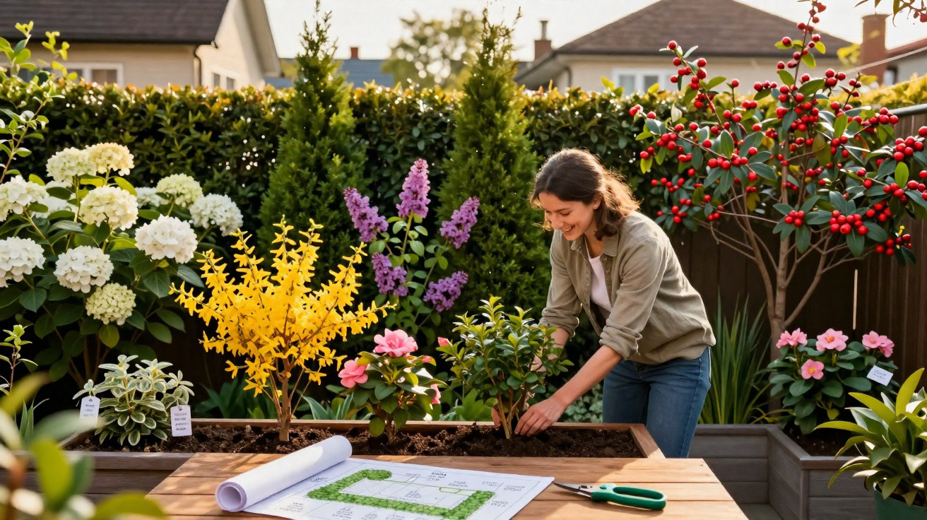 Mulher a cuidar de plantas floridas num jardim com ferramentas e plano de jardinagem numa mesa.