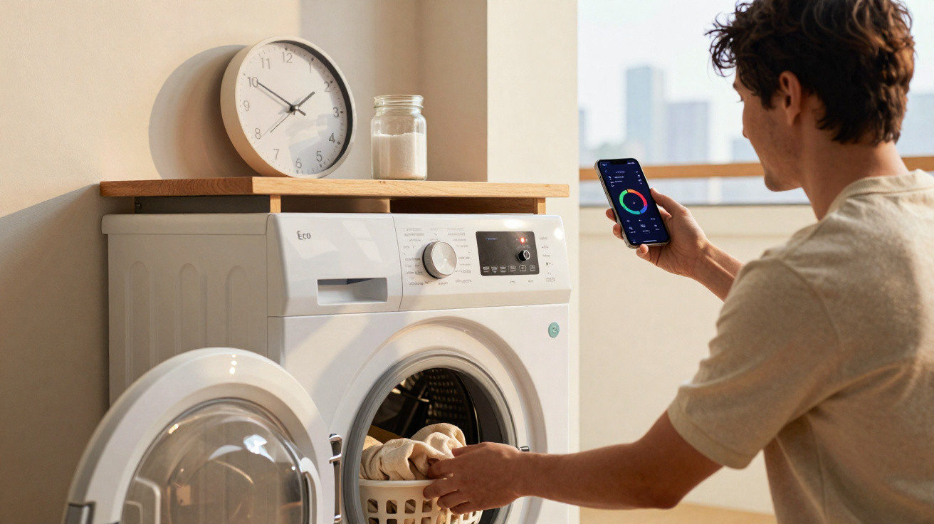 Pessoa a colocar roupa na máquina de lavar enquanto usa smartphone para controlar a lavagem.