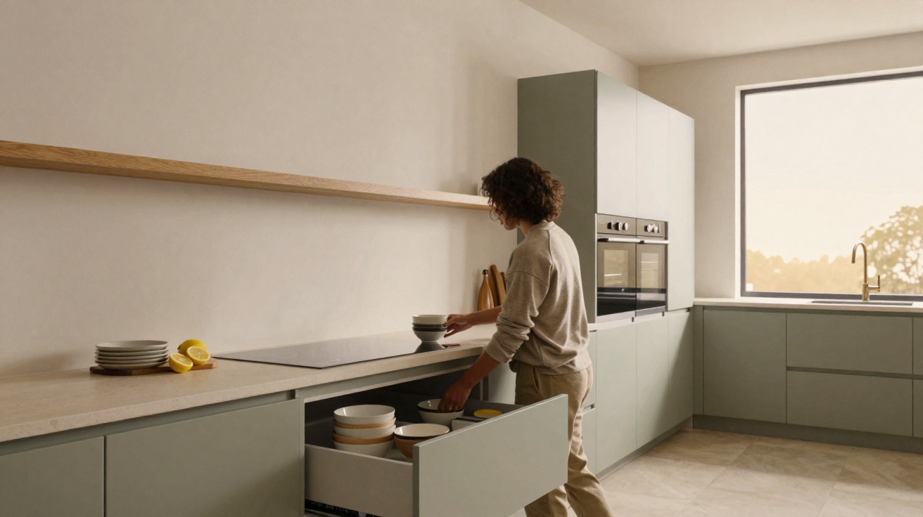 Pessoa a guardar pratos numa cozinha moderna com armários verdes e grande janela com vista exterior.