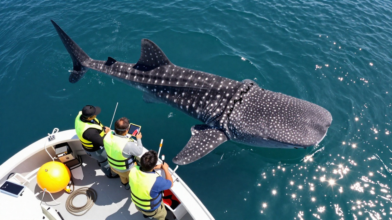 Baleia-tigre de grandes dimensões junto a barco com três pessoas de colete salva-vidas numa água azul cristalina.
