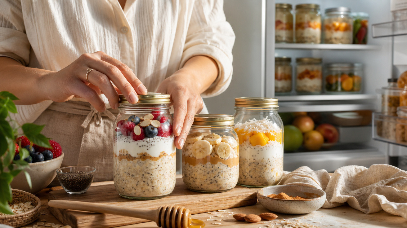 Pessoa a fechar frasco com overnight oats decorado com frutas, numa bancada de cozinha com mais frascos e ingredientes.
