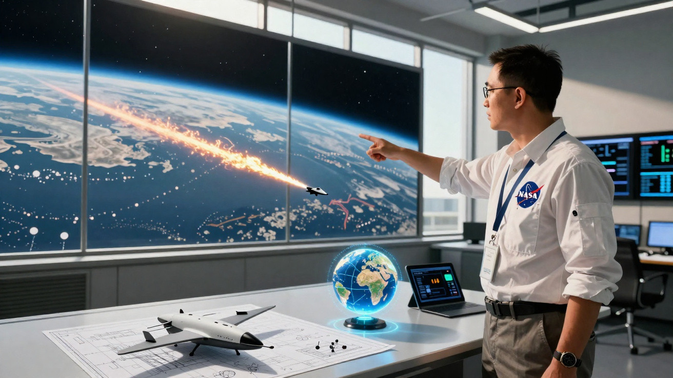 Homem com camisa da NASA aponta para ecrã mostrando meteoro a entrar na atmosfera terrestre.
