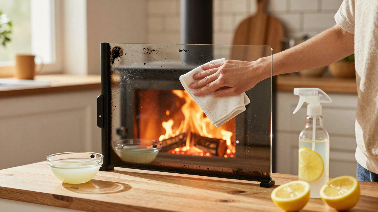 Mão a limpar painel de proteção de lareira com pano branco numa cozinha com lareira acesa ao fundo.
