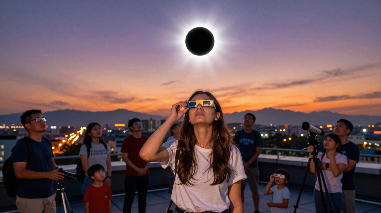 Grupo diverso observa eclipse solar ao pôr do sol usando óculos especiais num terraço urbano.