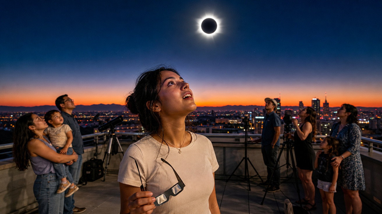 Grupo de pessoas a observar eclipse solar numa cobertura ao pôr do sol numa cidade.