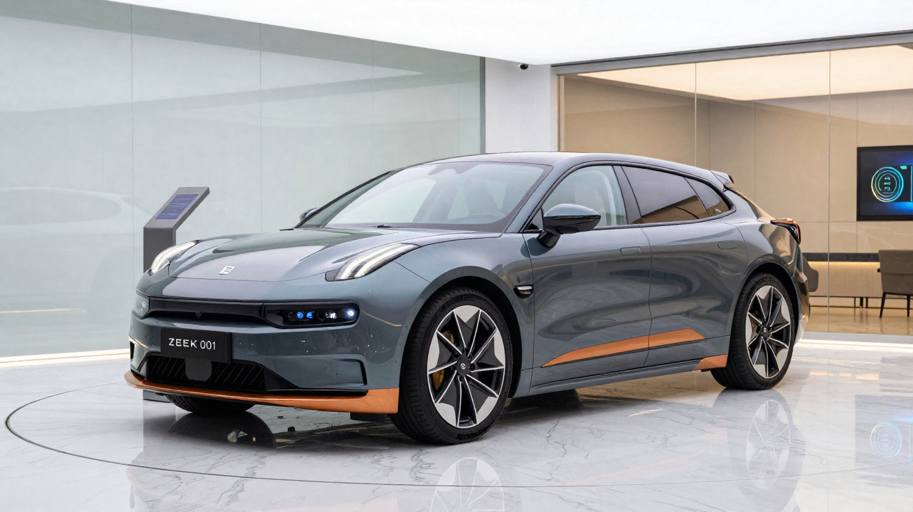 Carro elétrico cinza com detalhes laranja exibido em showroom moderno e minimalista.