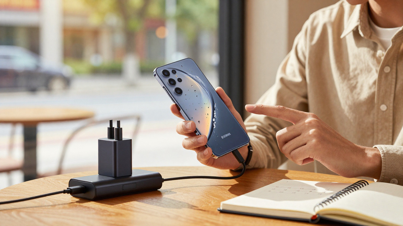 Pessoa a segurar um smartphone ligado a um carregador numa mesa com um caderno aberto e caneta.