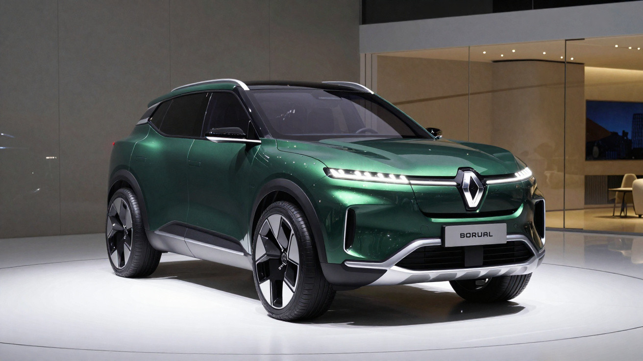 SUV elétrico Renault Boréal verde escuro em exposição num espaço moderno interior.