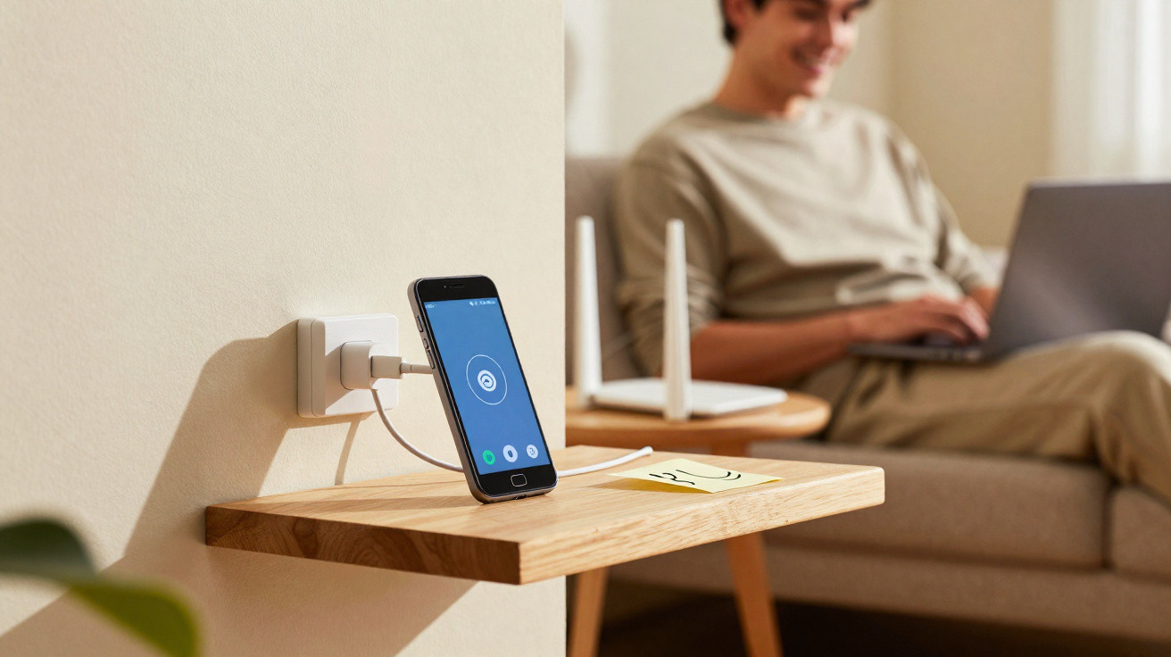 Smartphone a carregar numa tomada junto a pessoa no sofá a usar computador portátil.
