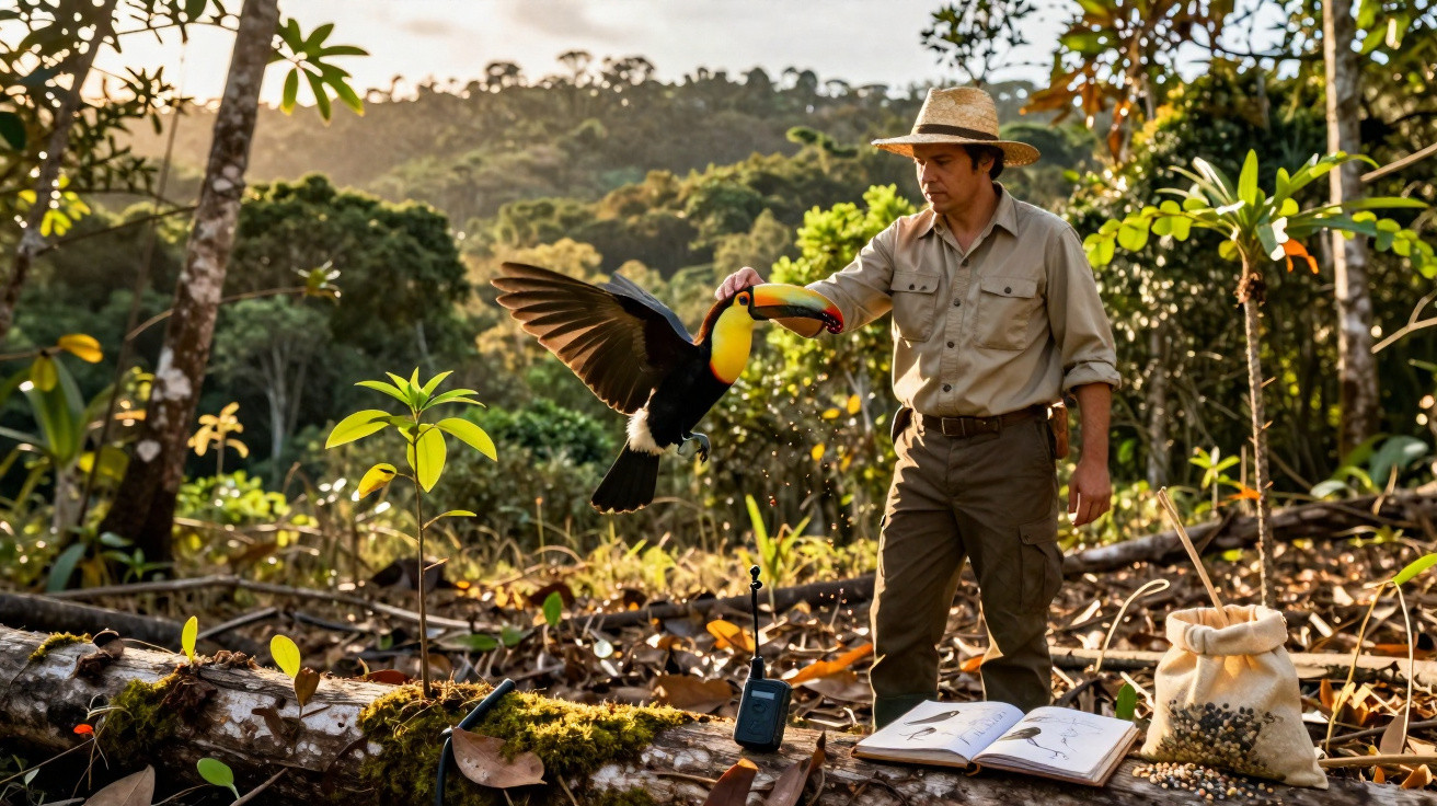 Homem em floresta alimentar tucano pousado no seu braço com plantações e caderno à frente.