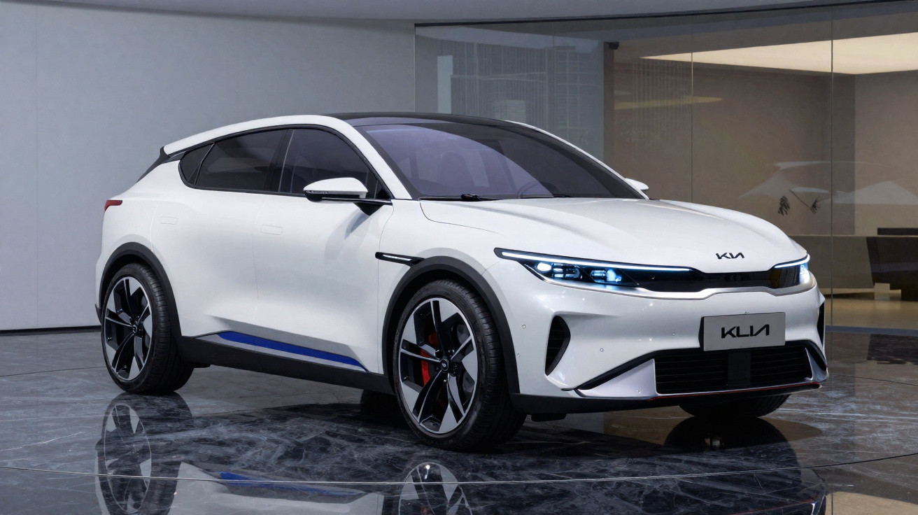 Carro elétrico branco da Kia estacionado em piso de mármore refletivo em ambiente moderno interior.